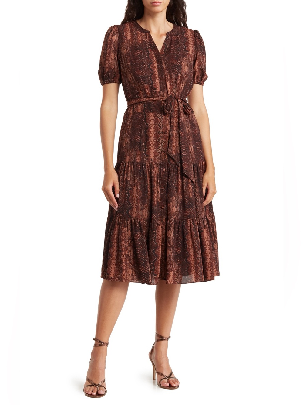 Nanette Lepore Brown Snakeskin Print Tiered Midi Dress Womens 10 NWT